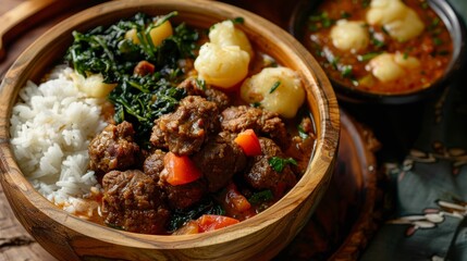 A traditional Zimbabwean meal featuring a bowl of sadza cornmeal porridge, accompanied by a savory meat stew and fresh greens.