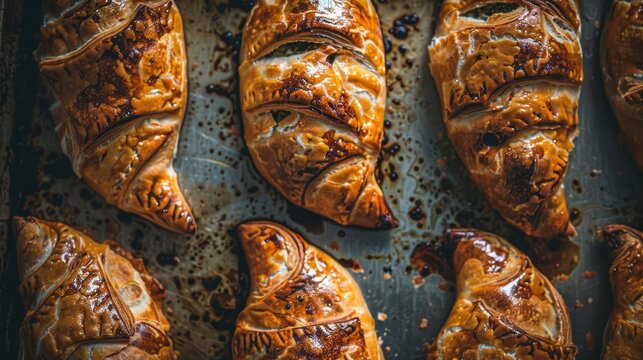 Freshly baked Maltese pastizzi with a rich ricotta or pea filling, beautifully golden on a baking sheet. A traditional savory snack from the Mediterranean.