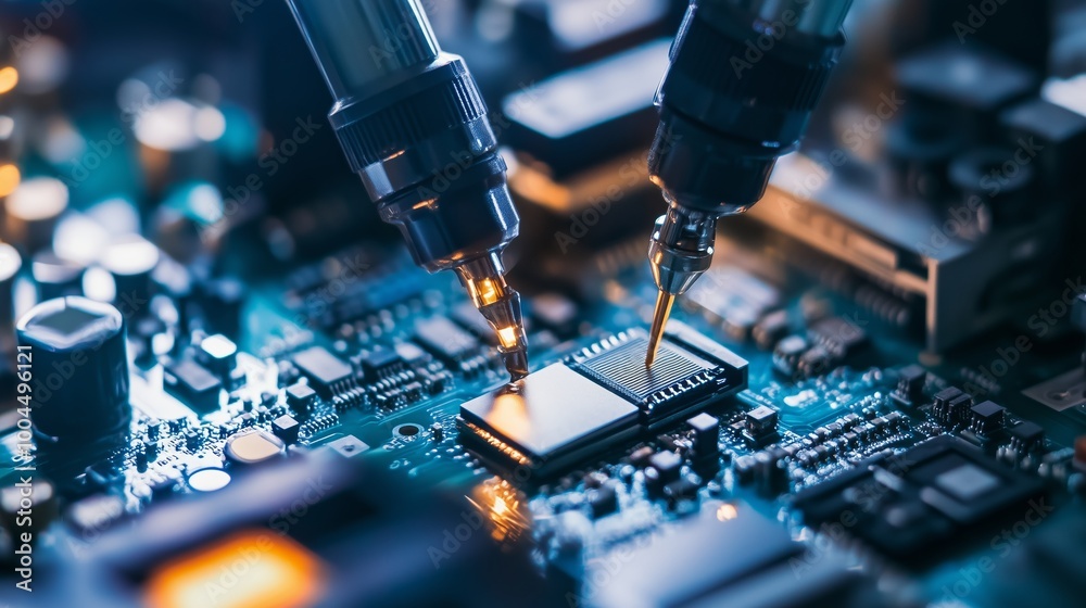 Poster technician working on a circuit board with precision tools under workshop lighting in a technology l