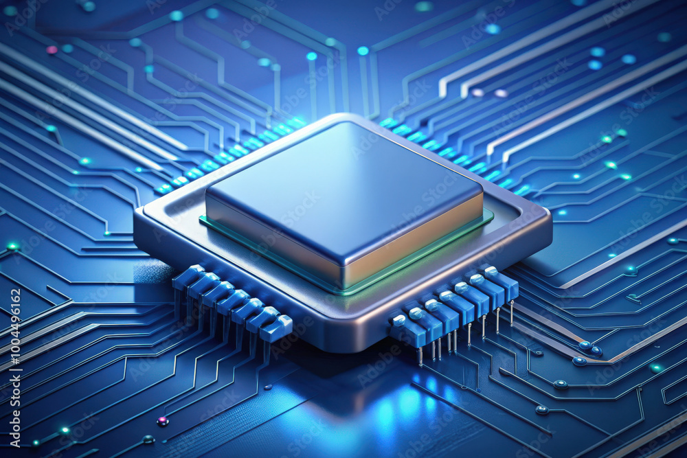 Poster a close-up view of a computer processor on a sleek circuit board illuminated with blue lights in a t