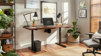 A home office designed for productivity, with a standing desk, task lighting, and smart tech tools that help streamline workflow.