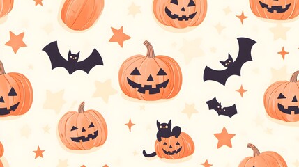 A playful Halloween pattern of pumpkins, cats curled up next to jack-o'-lanterns, and bats flying between stars, all in pastel orange on a soft cream background