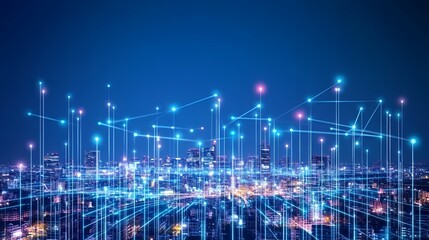 Fototapeta premium Cityscape with glowing lines connecting buildings.