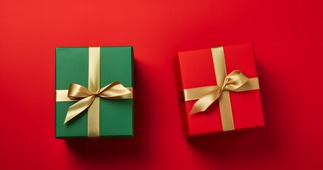 Fototapeta premium Two Christmas Gift Boxes with Green Ribbon on Red Background