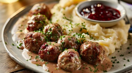 Traditional Swedish dish featuring savory meatballs served with creamy gravy, sweet lingonberry jam, and smooth mashed potatoes on a plate.