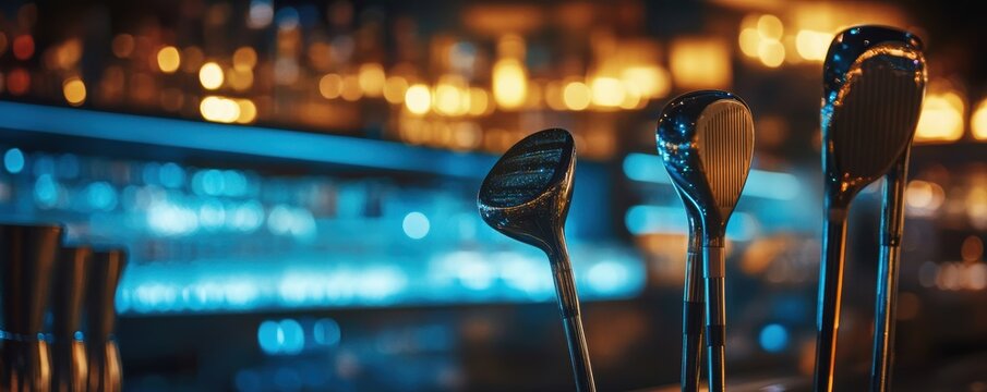Golf clubs against bar background with bokeh lights.