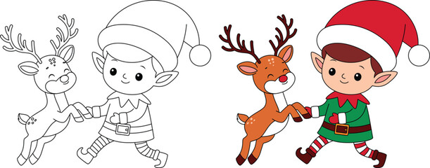 Cute Elf Playing with Reindeer Outline Coloring Page. Christmas and Winter Illustration