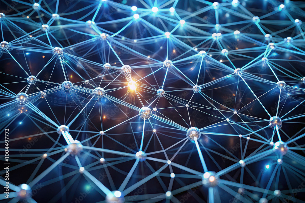 Poster illuminated network of interconnected nodes and fibers showcasing the complexity of data transmissio