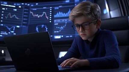 A determined young man in glasses is engaged with his laptop, examining stock market charts and simultaneously creating a logo using a graphic tablet in a busy office