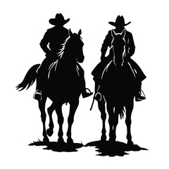 Naklejka premium a black silhouette of two cowboys on horseback. The cowboys are facing each other and appear to be in a battle-ready stance 