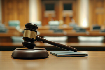 A gavel being raised high in the courtroom, symbolizing both justice. 3d illustration.