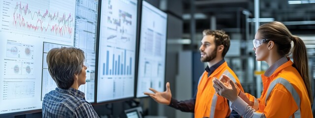 Team of industrial workers analyzing data on large screens in a modern facility during a meeting