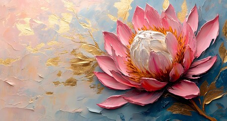A vibrant depiction of a blooming flower, its petals unfurling with grace amidst a backdrop of golden foliage, capturing the essence of nature’s serene beauty. 