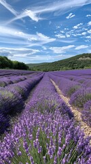 Obraz premium Lavender fields stretch to the horizon beneath a vibrant sky.