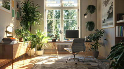 A home office setup designed for well-being, featuring natural light, ergonomic seating, and indoor plants to create a calming environment.