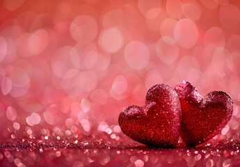 Fototapeta premium Two Red Glitter Hearts on Pink Background