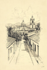 Masaya, Nicaragua, color pen pencil hand-drawn effect drawing illustration for travel poster, card, wallpaper, backdrop or banner. Modern, clear, artistic and simple