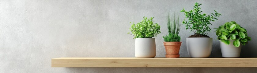 Fototapeta premium Elegant potted plants on a minimalist wooden shelf, in a light-filled, modern space, copy space