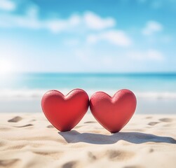 Red Wooden Hearts on Sandy Beach with Ocean View
