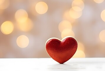 Obraz premium Red Wooden Heart with Golden Bokeh Background for Valentine's Day