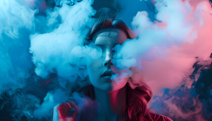 Surreal image as young woman anonymous has invisible face and question mark cloud instead of head. Social mask, hiding identity. Incognito introvert person with head in the clouds psychology concept.