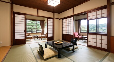 Obraz premium Unfurnished traditional Japanese space featuring tatami flooring