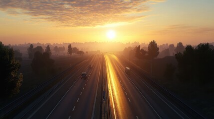 Serene Sunrise Over Highway Landscape