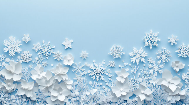 White paper flowers and snowflakes arranged on a light blue background for winter decoration and crafts
