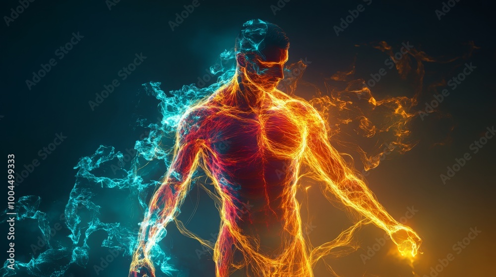 Poster a human figure surrounded by swirling blue and orange light, creating an ethereal atmosphere. the lu