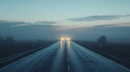 Misty Highway Scene at Dusk with Reflections