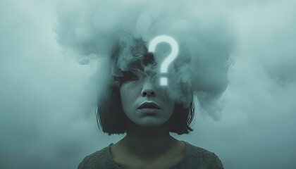 Surreal image as young woman anonymous has invisible face and question mark cloud instead of head. Social mask, hiding identity. Incognito introvert person with head in the clouds psychology concept.