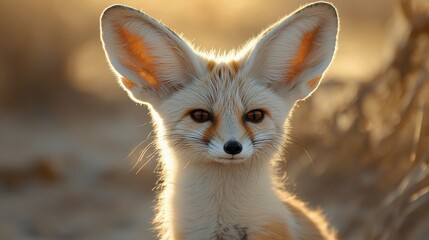 A fennec fox with large ears looks directly at the camera in a desert setting.