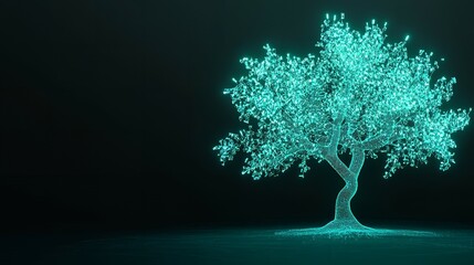 Glowing teal tree in digital space.