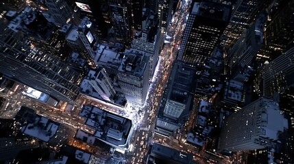 Aerial view of a bustling city street illuminated by bright lights during a winter evening in a vibrant urban landscape