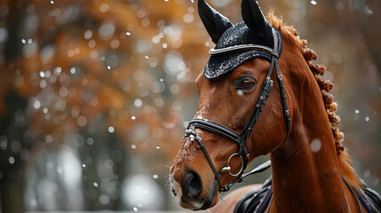 A close-up of a beautiful brown horse wearing a bridle and ear bonnet, surrounded by falling snow and a blurred autumn background