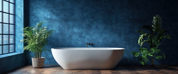 Modern Bathroom with Freestanding Tub and Blue Wall