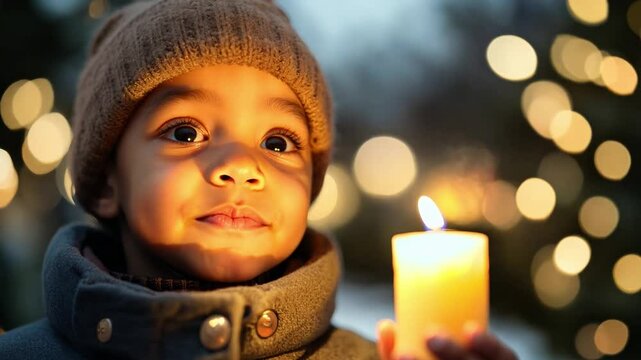 The black child boy beams with joy while holding a lit candle, surrounded by twinkling lights in the winter night