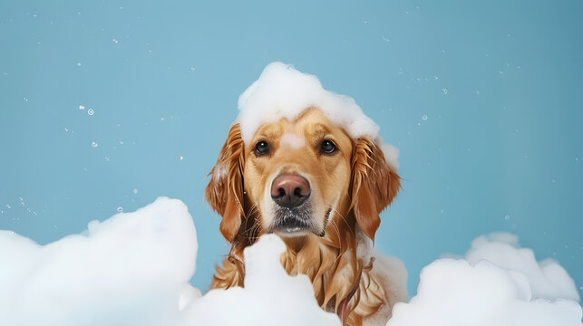 Golden Retriever Covered in Bubbles During Dog Bath, Blue background, blue isolated