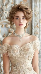 Elegant evening gown and diamond jewelry adorn a female model against a backdrop of impressive buildings and soft lighting.