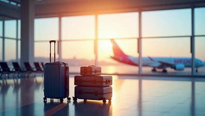 Luggage Suitcases at Airport - Wide Banner with Copy Space for Travel, Vacations, and Holiday Marketing