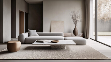 A minimalist living room featuring a low, modern gray sofa, a marble coffee table, and a neutral wool rug. The room is filled with natural light from large windows