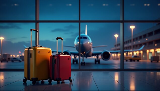 Luggage Suitcases at Airport - Wide Banner with Copy Space for Travel, Vacations, and Holiday Marketing