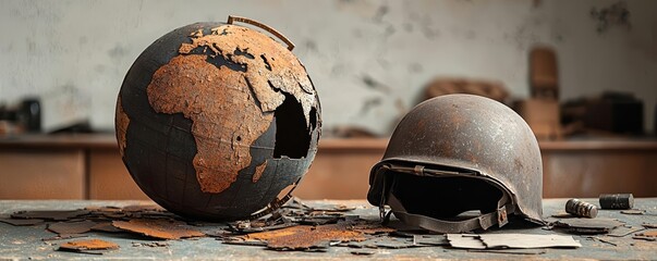 A fragmented, rusty globe next to a worn military helmet on a cluttered table, capturing the essence of war's impact on the world and history