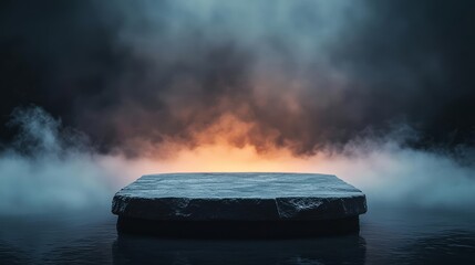 A dark, fog-covered platform emerging from a smoky environment, with dramatic lighting creating a mysterious and suspenseful setting