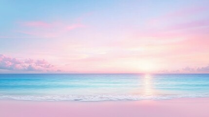 A serene beach scene at sunset with soft pastel colors reflecting on calm waters and a tranquil sky.