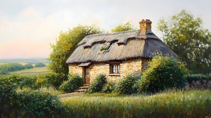 Fototapeta premium Cozy countryside cottage with a quaint thatched roof rustic stone walls and lush green foliage bathed in warm afternoon sunlight with a soft pastel palette and impressionist brushstrokes