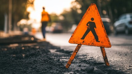 Orange triangle, a road sign warning drivers of dangerous, accident-prone or road work zones. Created by AI