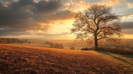Autumn sunset with a lone tree