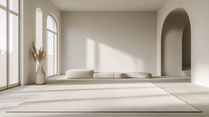 A minimalist living room featuring a single beige rug in the center of the room. The surrounding area is completely empty, emphasizing clean, open floor space and natural light
