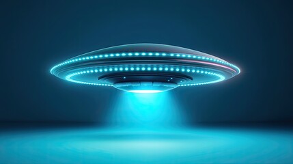 A classic flying saucer with bright blue lights against a dark blue background.